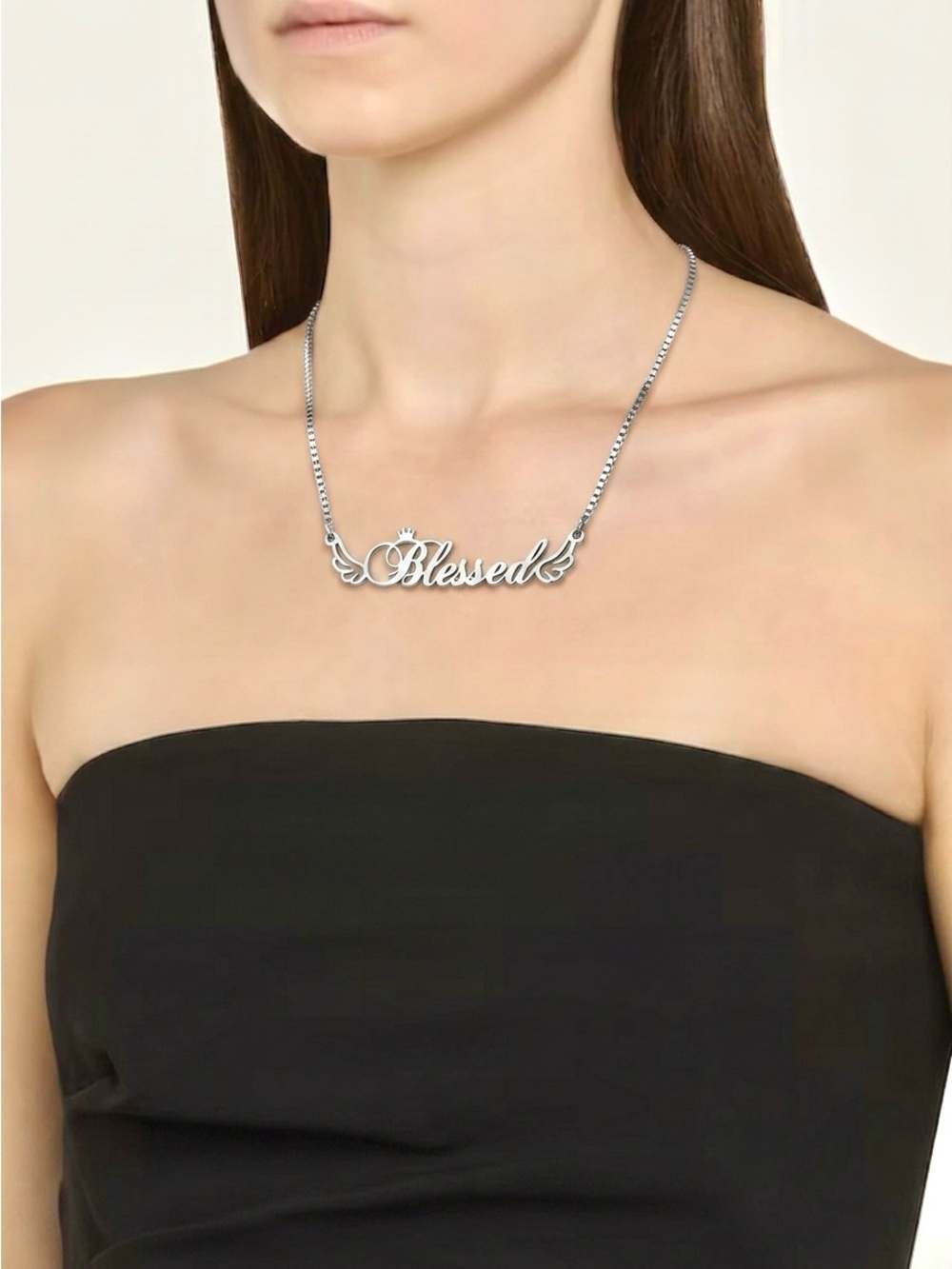 Blessed Script Pendant Necklace in Silver